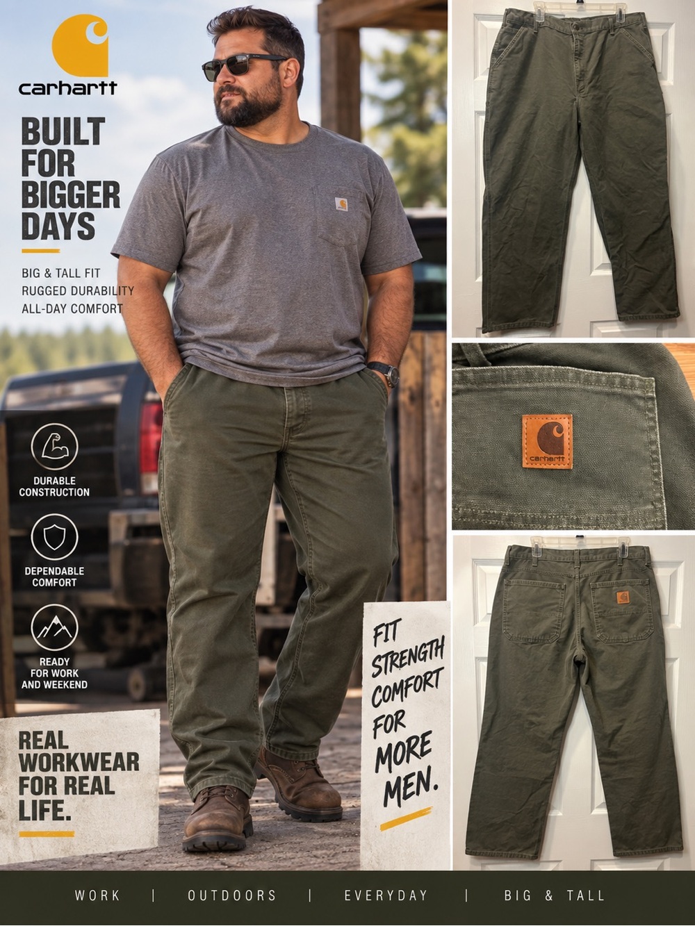 Carhartt Men’s Olive Green Canvas Work Pants Utility Carpenter Workwear 42x30